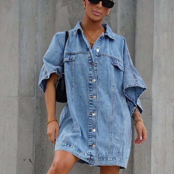 Blue Casual Women's button front mini Denim Dress - Picture 1 of 6